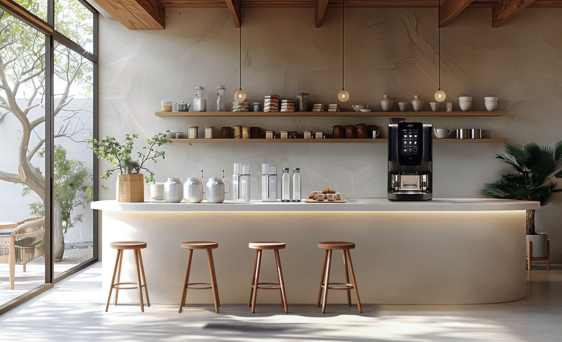 Koffiehoek met espressomachine op de toonbank